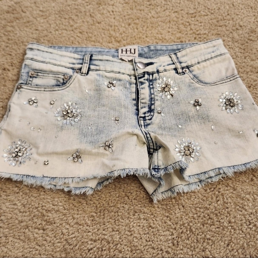 Haute Hippie Size 25 Rhinestones Floral Jewel Light Wash Jean Shorts #R416